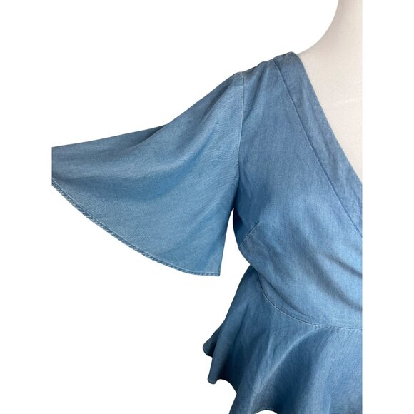 LOFT Chambray Blue Wrap Peplum Top Small Flutter Sleeves Adjustable Tie Waist - Picture 9 of 14